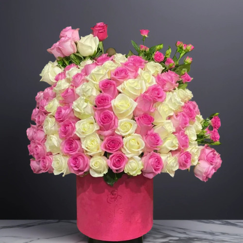 باکس گل رز ۱۰۰ شاخه سفید و صورتی - هدیه لوکس برای مناسبتهای خاص - گلفروشی آنلاین ارومیه